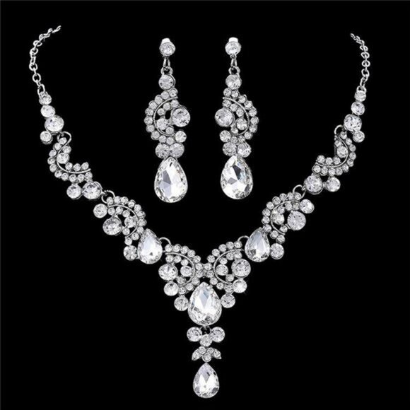 Silver Bridal Jewelry Set Crystal Rhinestone Necklace Earrings Prom Jewelry Set - Picture 2 of 2